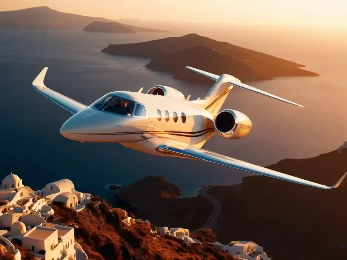 private jet in the air, on the greece island