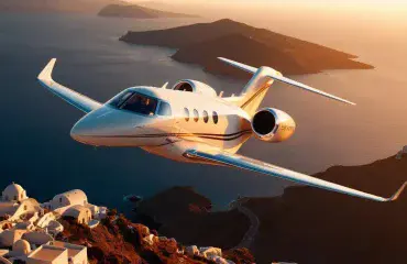 private jet in the air, on the greece island
